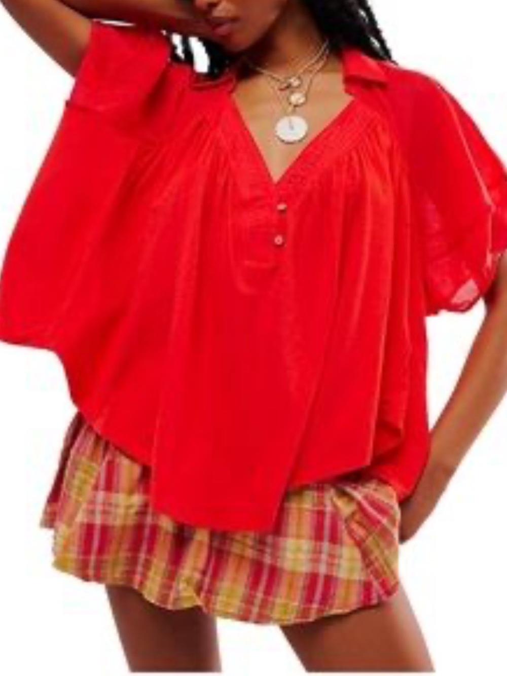 We The Free People Sunday Babydoll Red V-Neck Boho Button Front Top Size XS New
